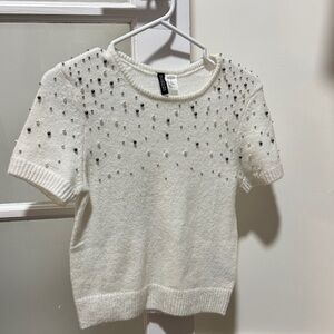 H&M White Beaded Short Sleeve Sweater